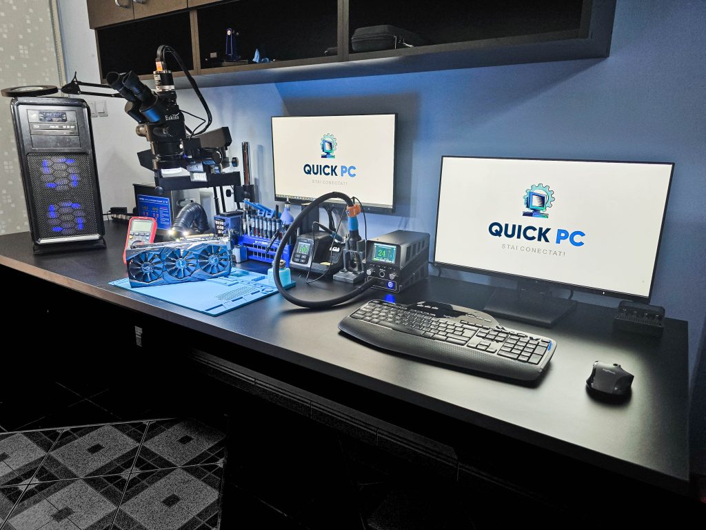 La Quick PC oferim servicii IT moderne și eficiente, create pentru utilizatori care au nevoie de intervenții rapide, soluții clare și suport profesionist. Indiferent că ai un PC lent, un laptop care nu pornește sau o rețea care cade, suntem aici să rezolvăm fiecare problemă în cel mai scurt timp. Reparații PC și laptop Oferim diagnosticare rapidă și intervenții profesionale pentru orice model de PC sau laptop. Reparăm probleme de hardware și software, curățăm și optimizăm sistemul, înlocuim componente defecte și îmbunătățim performanța prin upgrade-uri moderne. Instalare și configurare software Instalăm Windows, drivere, programe de birou sau aplicații specializate. Eliminăm viruși, configurăm setările corecte și pregătim sistemul pentru lucru, școală sau gaming. Rețele și conexiuni internet Configurăm routere, extindem semnalul Wi-Fi, instalăm cabluri de rețea și rezolvăm orice problemă de stabilitate sau viteză. Oferim rețele bine configurate pentru locuințe, birouri și magazine. Suport tehnic pentru firme Punem la dispoziție mentenanță IT, instalare echipamente, configurare sisteme și intervenții la sediu sau de la distanță. Firmele pot beneficia de un partener IT stabil, cu răspuns rapid și soluții eficiente. Recuperare și salvare date Recuperăm poze, documente și fișiere pierdute, acolo unde este posibil, și configurăm soluții de backup pentru a evita pierderi viitoare. Configurare echipamente Instalăm imprimante, camere, monitoare, dispozitive Smart Home și alte echipamente. Te asigurăm că totul este conectat și funcționează corect. Consultanță IT personalizată Te ajutăm să alegi PC-uri, laptopuri sau componente potrivite. Oferim recomandări clare, adaptate bugetului și nevoilor tale.