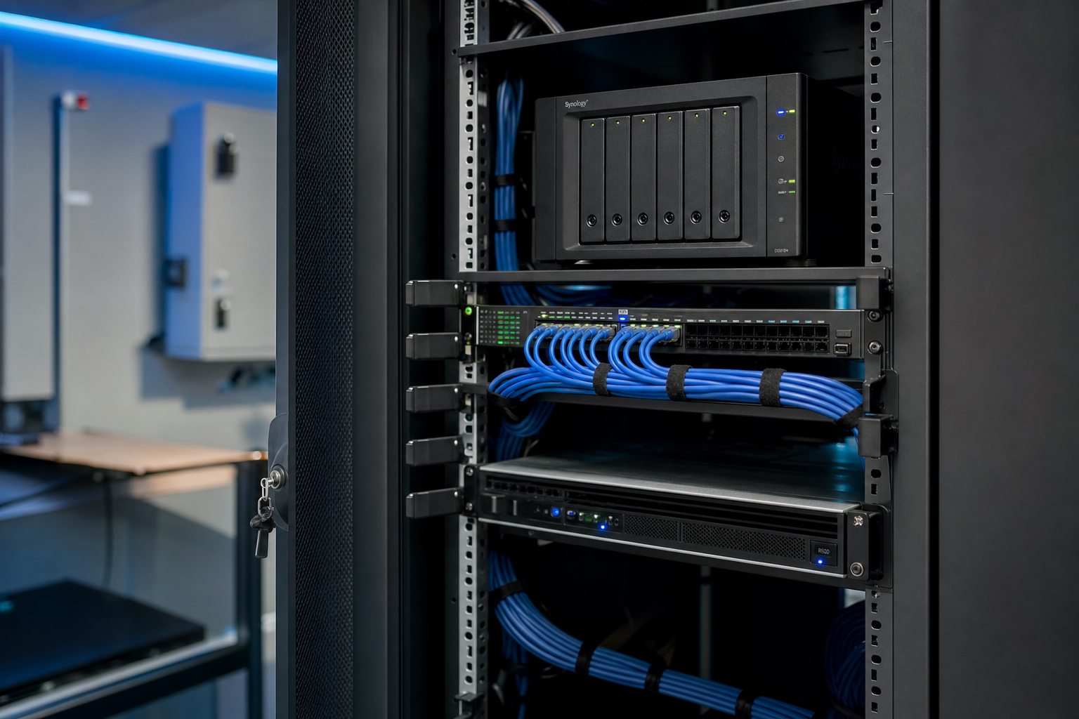 Rack server cu NAS, switch și cablare structurată configurat pentru o firmă din Focșani