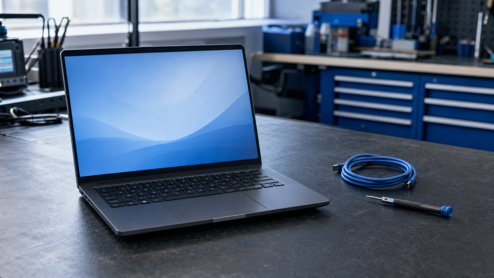 Reparații PC și laptop - laptop pe banc de service pentru verificare hardware și software