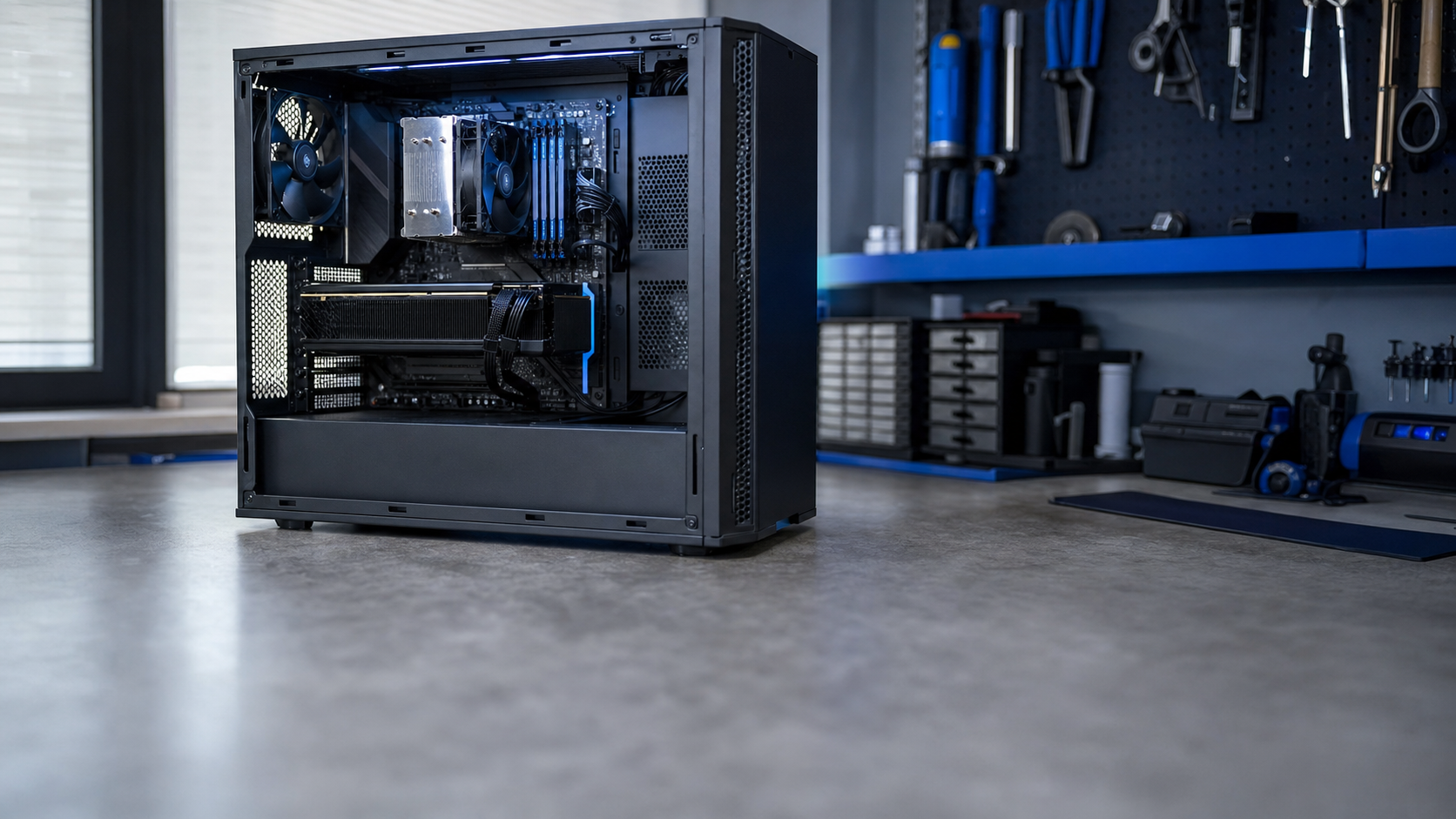 PC desktop deschis pentru verificare componente, răcire și stabilitate